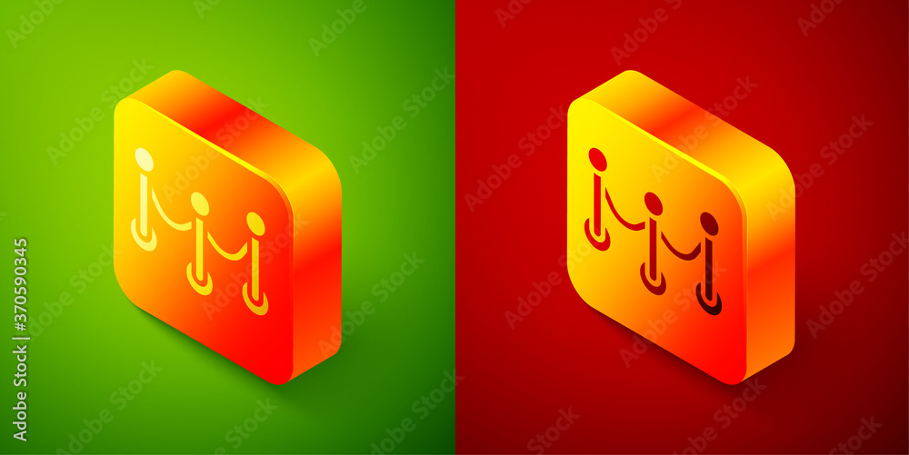 Isometric Rope barrier icon isolated on green and red background. VIP event, luxury celebration. Celebrity party entrance. Square button. Vector. Isometric Rope barrier icon isolated on green and red background. VIP event, luxury celebration. Celebrity party entrance. Square button. Vector.