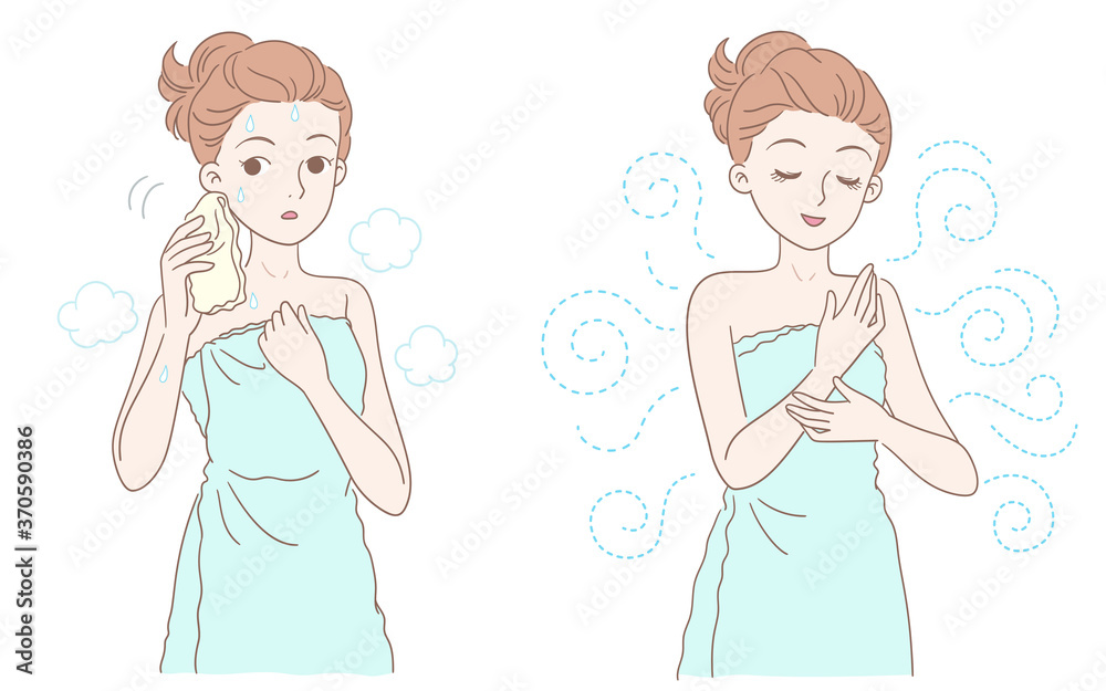 The woman sprayed liquid on her body, showing two different patterns, on the back of the hand and the neck The woman sprayed liquid on her body, showing two different patterns, on the back of the hand and the neck