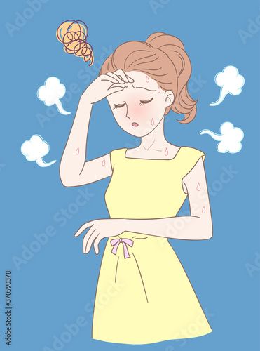 A woman stroked her forehead, sultry and sweaty, dizzy and uncomfortable