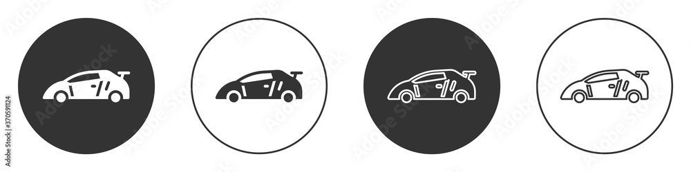 Black Sport racing car icon isolated on white background. Circle button. Vector. Black Sport racing car icon isolated on white background. Circle button. Vector.