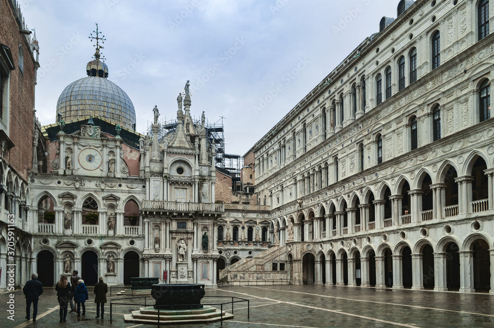View of the courtyard of the Doge's palace on a rainy day. Venice, Italy.