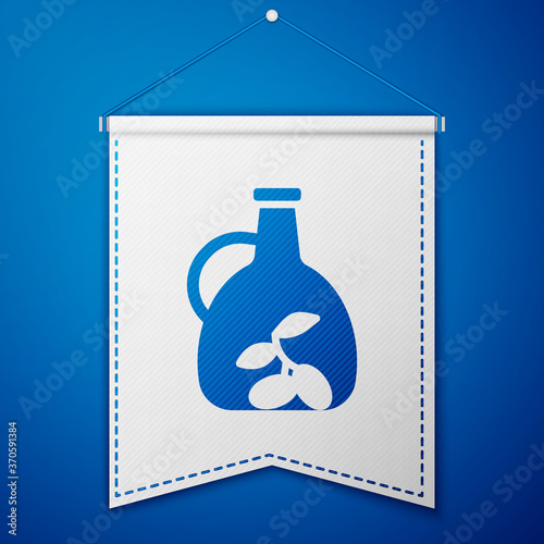 Blue Bottle of olive oil icon isolated on blue background. Jug with olive oil icon. White pennant template. Vector.