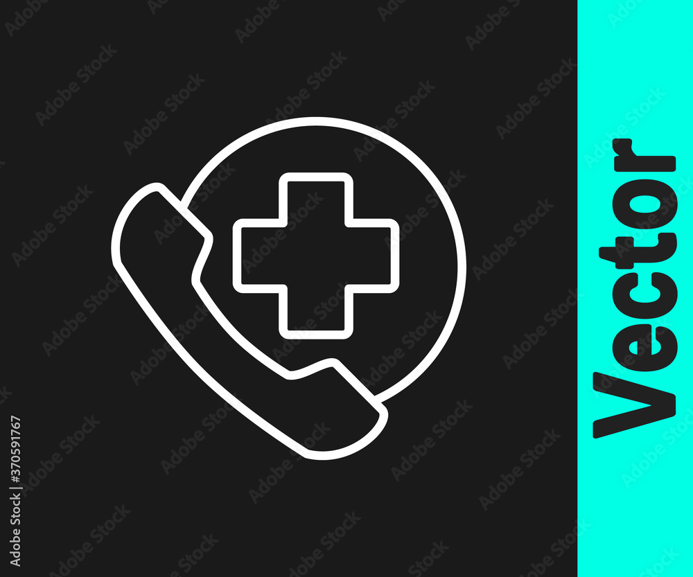 White line Emergency phone call to hospital icon isolated on black background. Vector Illustration. White line Emergency phone call to hospital icon isolated on black background. Vector Illustration.