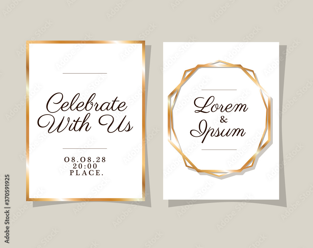 two wedding invitations with gold frames design, Save the date and engagement theme Vector illustration two wedding invitations with gold frames design, Save the date and engagement theme Vector illustration