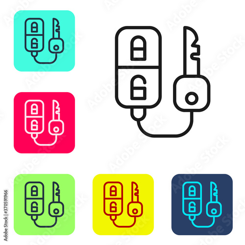 Black line Car key with remote icon isolated on white background. Car key and alarm system. Set icons in color square buttons. Vector Illustration.