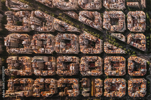 Canvas Print Aerial view of typical buildings of Barcelona cityscape from helicopter