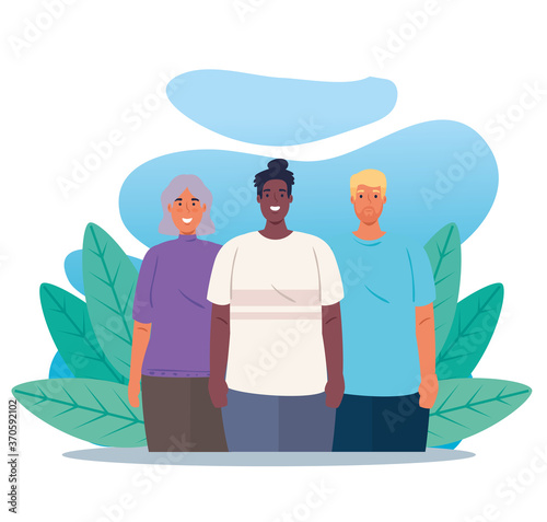 multiethnic group people together in nature scene, cultural and diversity concept vector illustration design