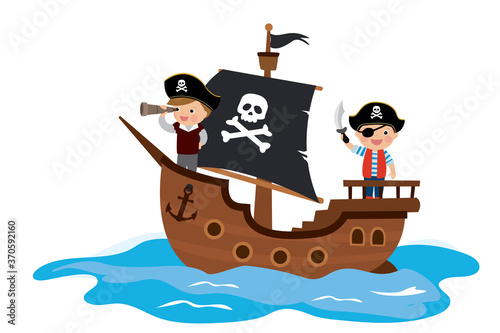 Cartoon kids playing pirate in the ship.Wooden corsair ship at sea.
