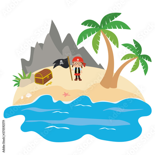 Island treasure hunt. Cartoon child character. Cute preschooler dressed in pirate costume.
