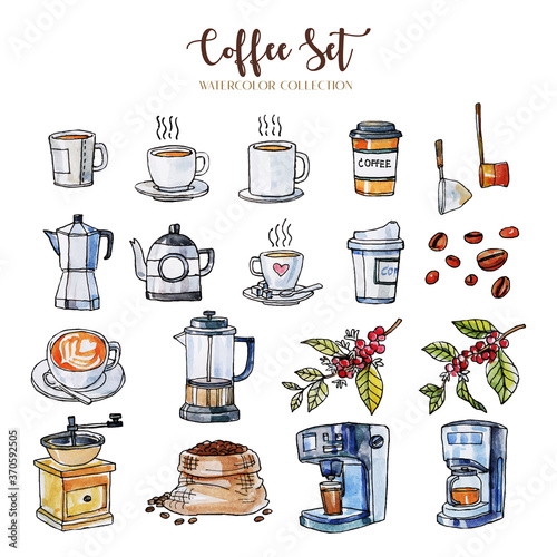 Hand drawn watercolor and black line art coffee equipment. Such as, mug, jar, coffee machine, arabica bag, arabica beans and a lot type of coffee cup. 