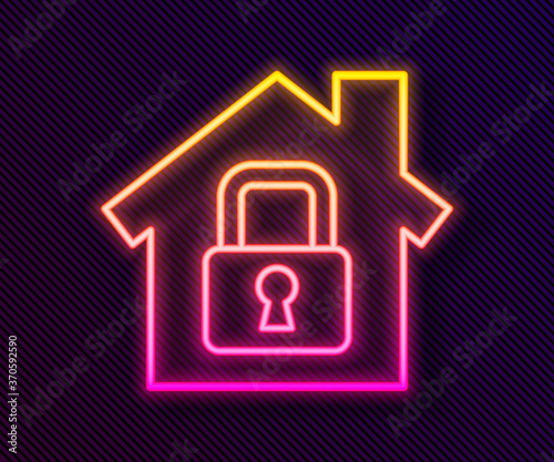 Glowing neon line House under protection icon isolated on black background. Home and lock. Protection, safety, security, protect, defense concept. Vector Illustration.