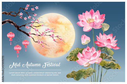 Hand drawn watercolor pink lotus with moon, lantern and peach blossom on dark blue-sky background. With “Mid-Autumn Festival” text on the bottom. 
