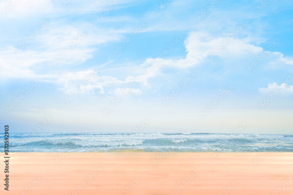blank wood table countertop with sky and summer beach background