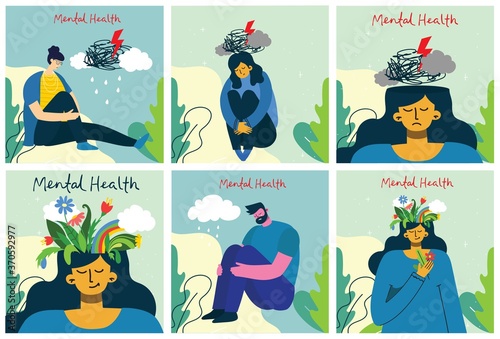 Mental health illustration concept. Young man and woman with storm in head. Psychology visual interpretation of mental health.