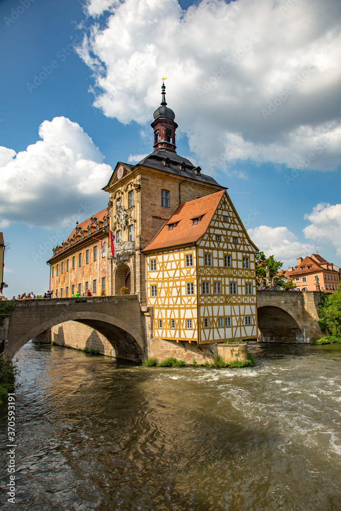 Bamberg, Germany;  the Bamberg city hall sits on a island in the river Regnitz in downtown Bamberg, a UNESCO world heritage site