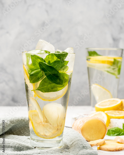 Ginger lemonade with basil in a highball glass.
