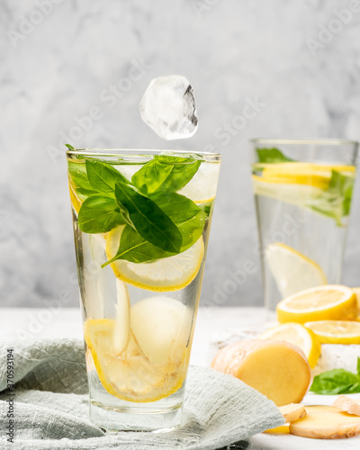 Ginger lemonade with basil in a highball glass.