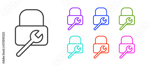 Black line Lock repair icon isolated on white background. Padlock sign. Security, safety, protection, privacy concept. Set icons colorful. Vector Illustration.