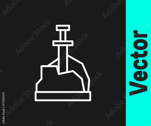 White line Sword in the stone icon isolated on black background. Excalibur the sword in the stone from the Arthurian legends. Vector.