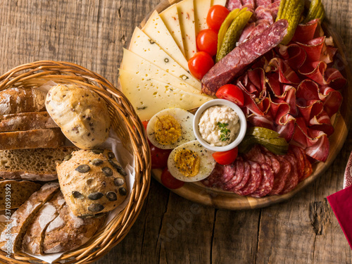 Canvas Print Close-up of an authentic lunch in South Tyrol, Italy during a hike in the Mountains