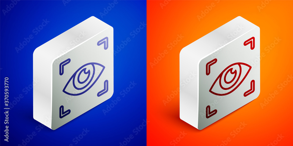 Isometric line Eye scan icon isolated on blue and orange background. Scanning eye. Security check symbol. Cyber eye sign. Silver square button. Vector.