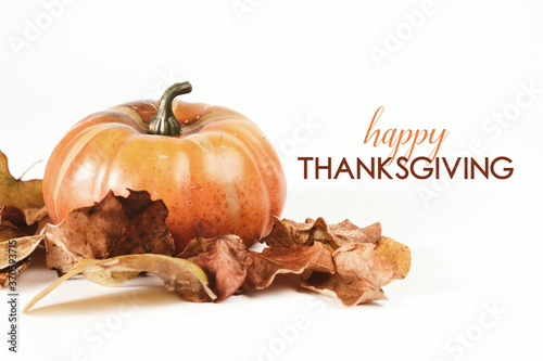 Orange autumn pumpkin for fall decoration with happy thanksgiving holiday text.