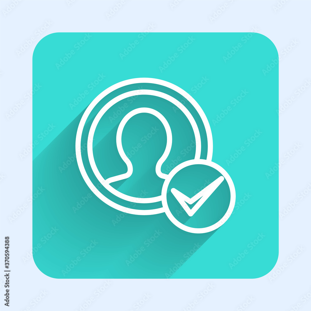 White line Create account screen icon isolated with long shadow. Green square button. Vector. White line Create account screen icon isolated with long shadow. Green square button. Vector.