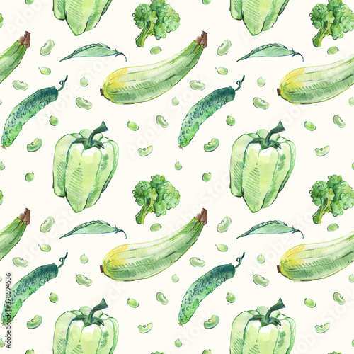 Seamless pattern of hand-drawn watercolor vegetables. Green vegetables and leaves for salad. 