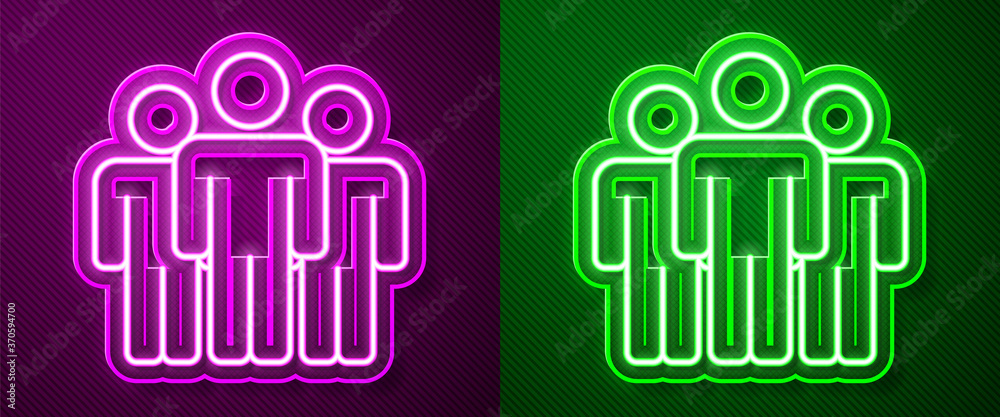 Obraz premium Glowing neon line Users group icon isolated on purple and green background. Group of people icon. Business avatar symbol - users profile icon. Vector.