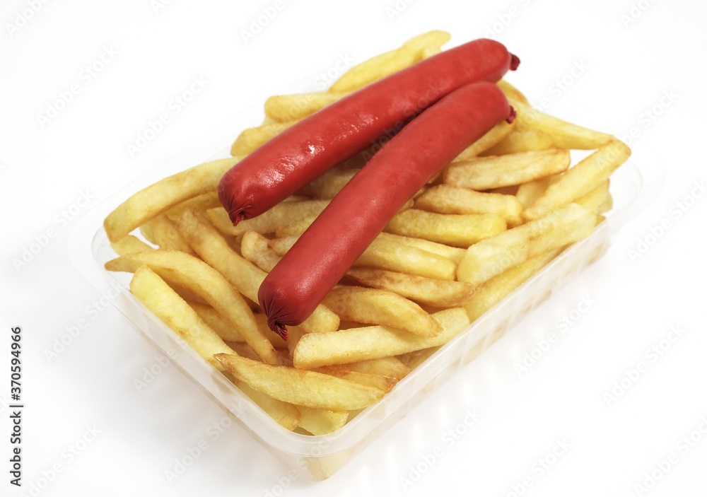 French Fries with Sausage against White Background French Fries with Sausage against White Background
