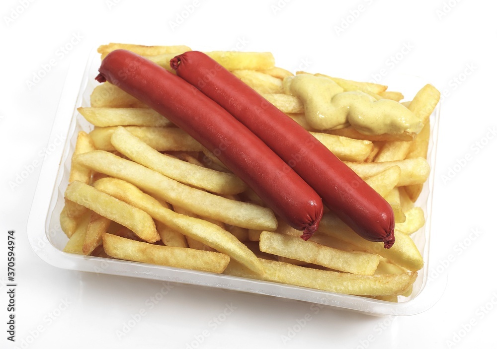 French Fries with Sausage and Mustard against White Background French Fries with Sausage and Mustard against White Background