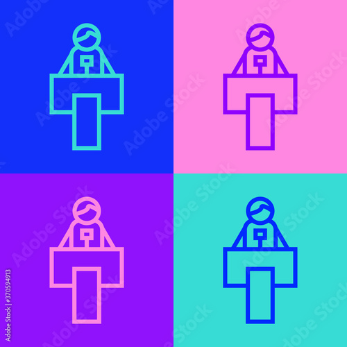Pop art line Stage stand or debate podium rostrum icon isolated on color background. Conference speech tribune. Vector.