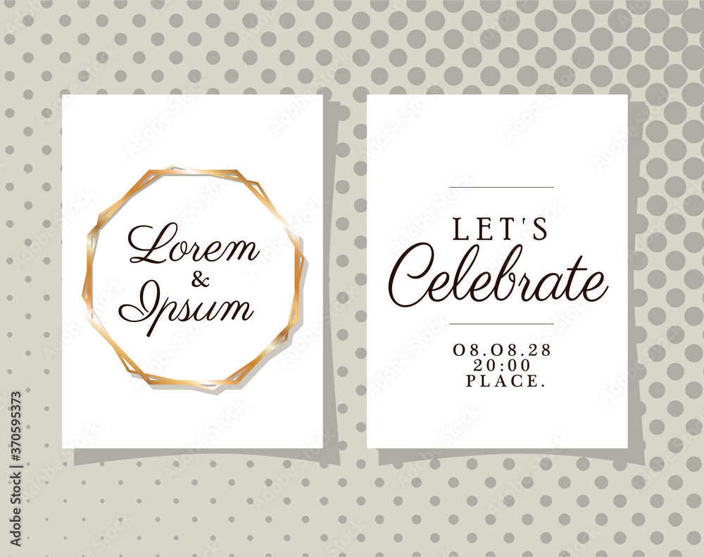 two wedding invitations with gold frames on gray pointed background design, Save the date and engagement theme Vector illustration
