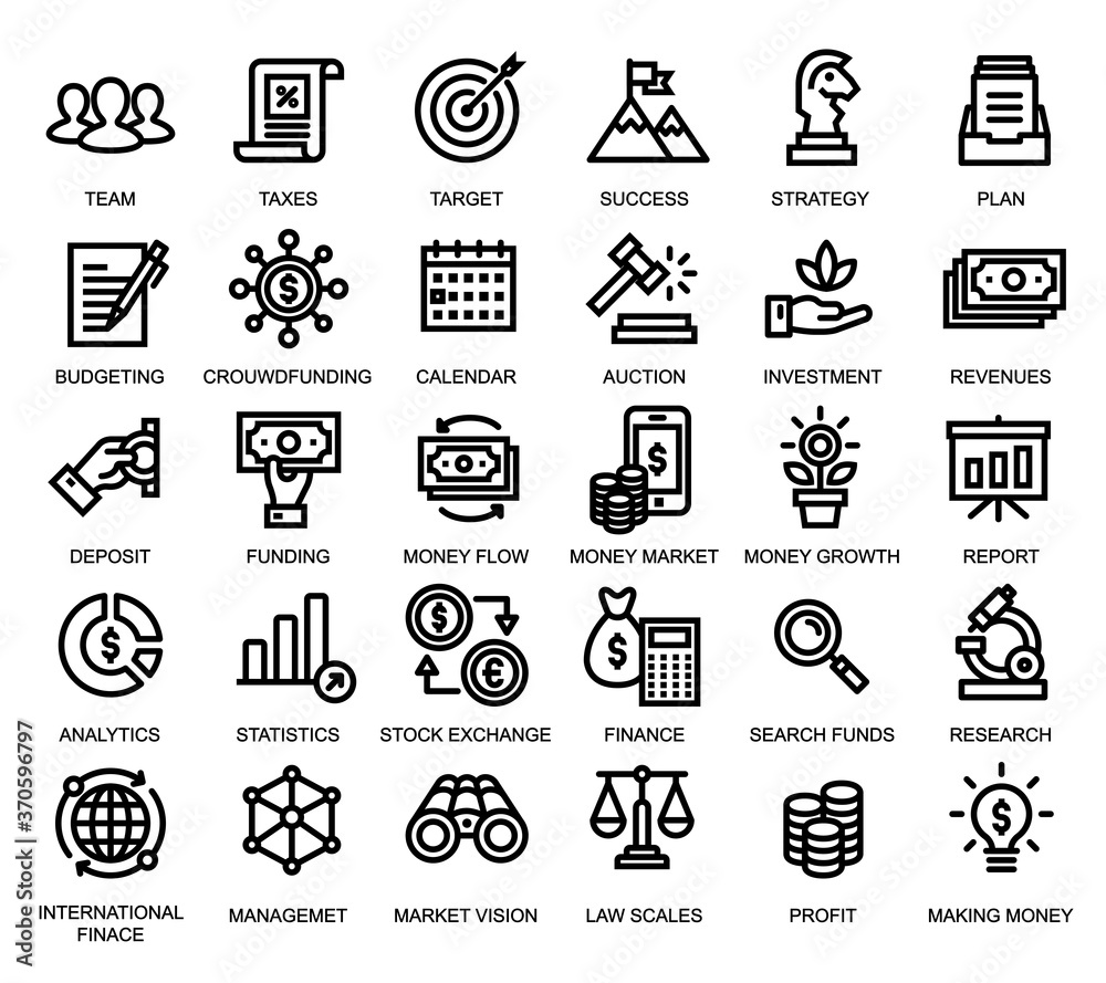 Set of icons related to business & finance. [Editable stroke. 48×48 Pixel Perfect. (Recommendations - Full Size 360 x 320 / Stroke 2px)]
