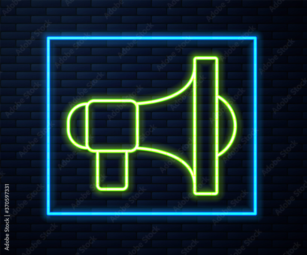 Glowing neon line Megaphone icon isolated on brick wall background. Speaker sign. Vector. Glowing neon line Megaphone icon isolated on brick wall background. Speaker sign. Vector.