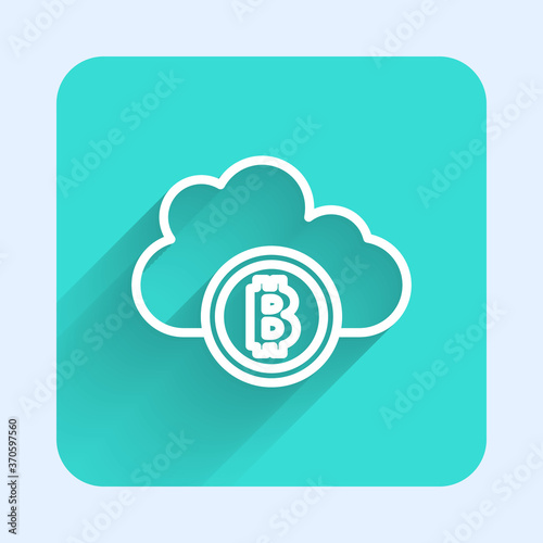 White line Cryptocurrency cloud mining icon isolated with long shadow. Blockchain technology, bitcoin, digital money market, cryptocoin wallet. Green square button. Vector.