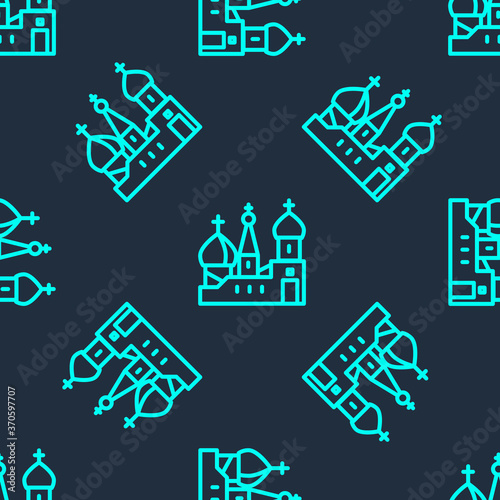Green line Moscow symbol - Saint Basil's Cathedral, Russia icon isolated seamless pattern on blue background. Vector.