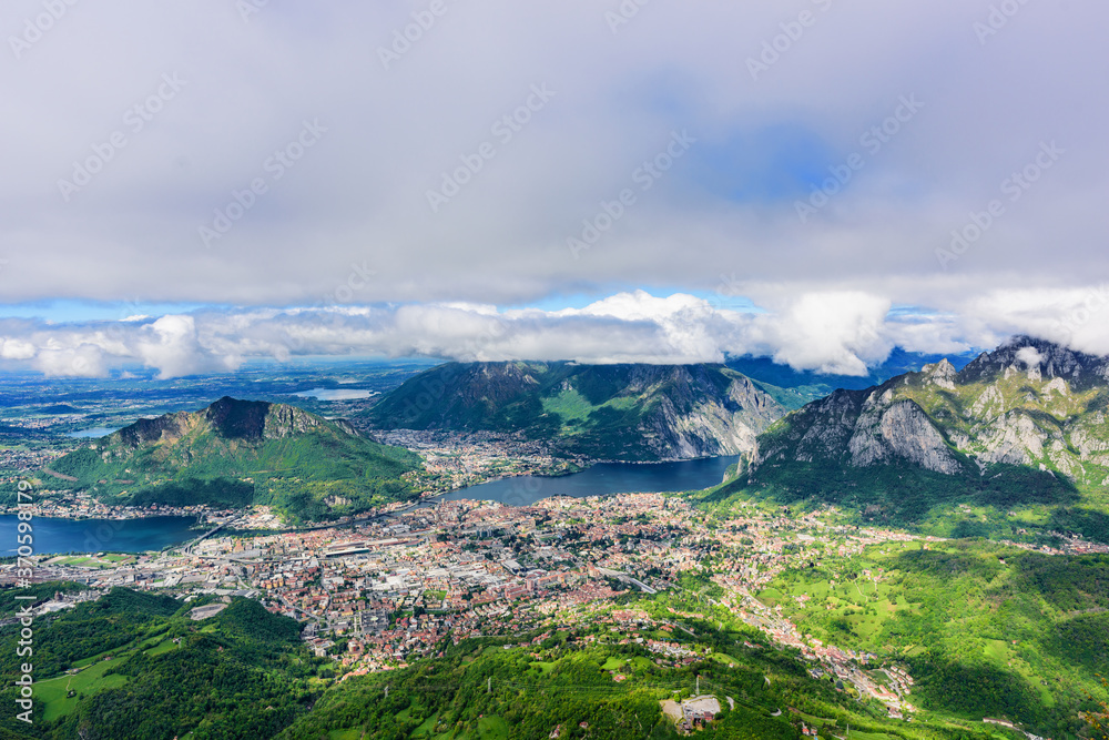View of the city of Lecco and Lake Garlate from the height of the mountain Resegone