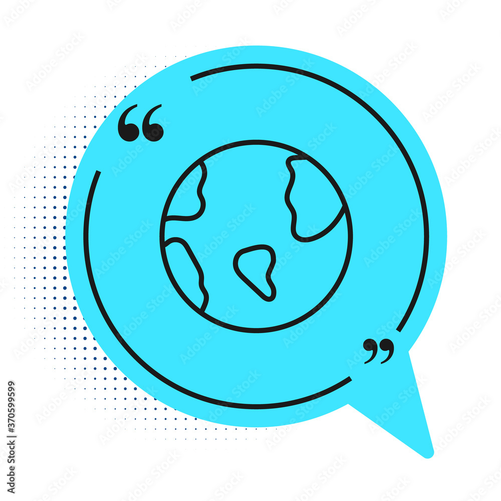 Black line Earth globe icon isolated on white background. World or Earth sign. Global internet symbol. Geometric shapes. Blue speech bubble symbol. Vector.