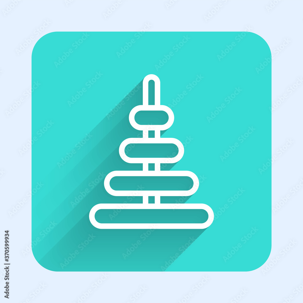 White line Pyramid toy icon isolated with long shadow. Green square button. Vector. White line Pyramid toy icon isolated with long shadow. Green square button. Vector.
