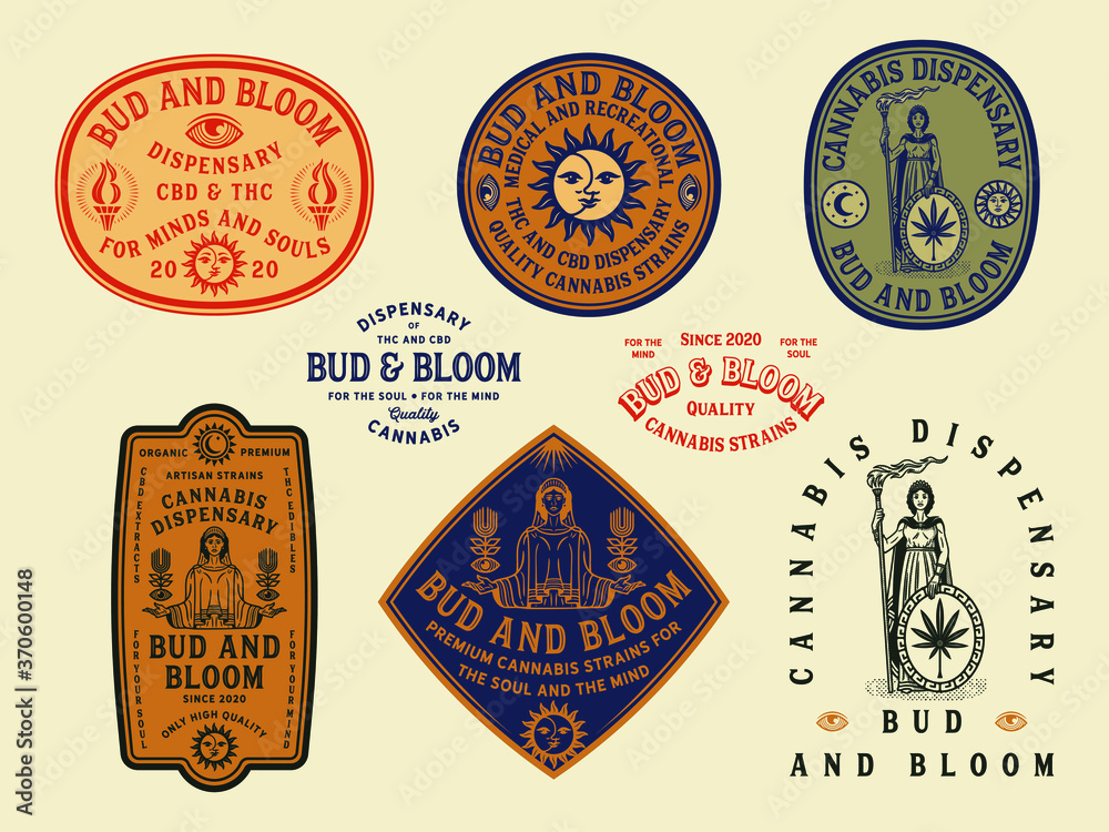 Bud and Bloom vector colored cannabis badges