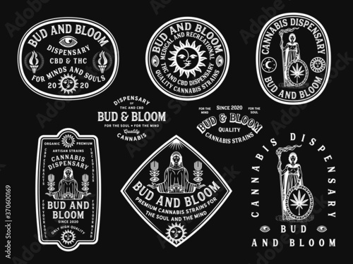 Bud and Bloom white vector cannabis badges on a black background