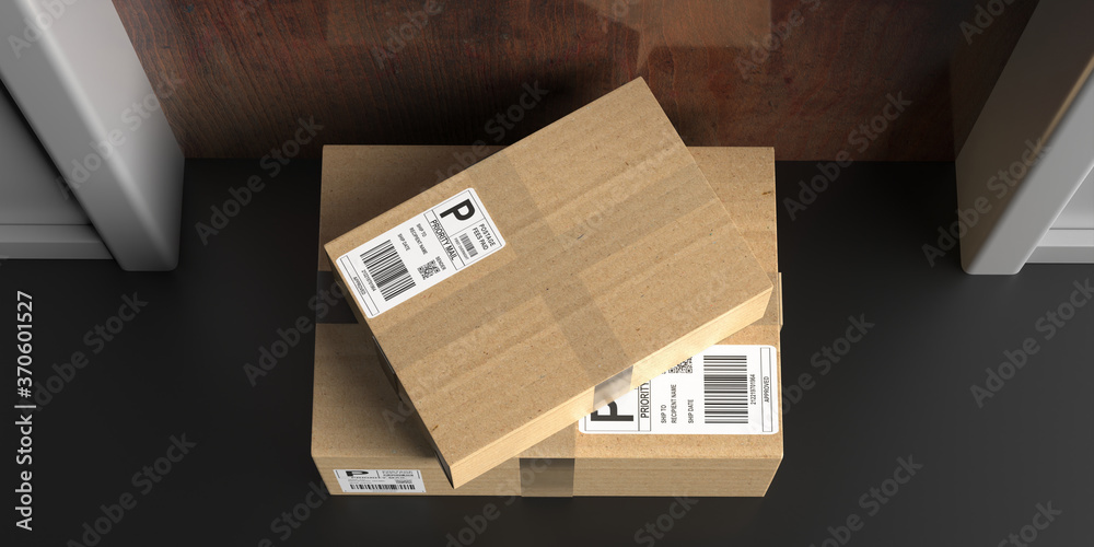 Αυτοκόλλητο Parcels delivered, doorstep delivery concept. 3d illustration