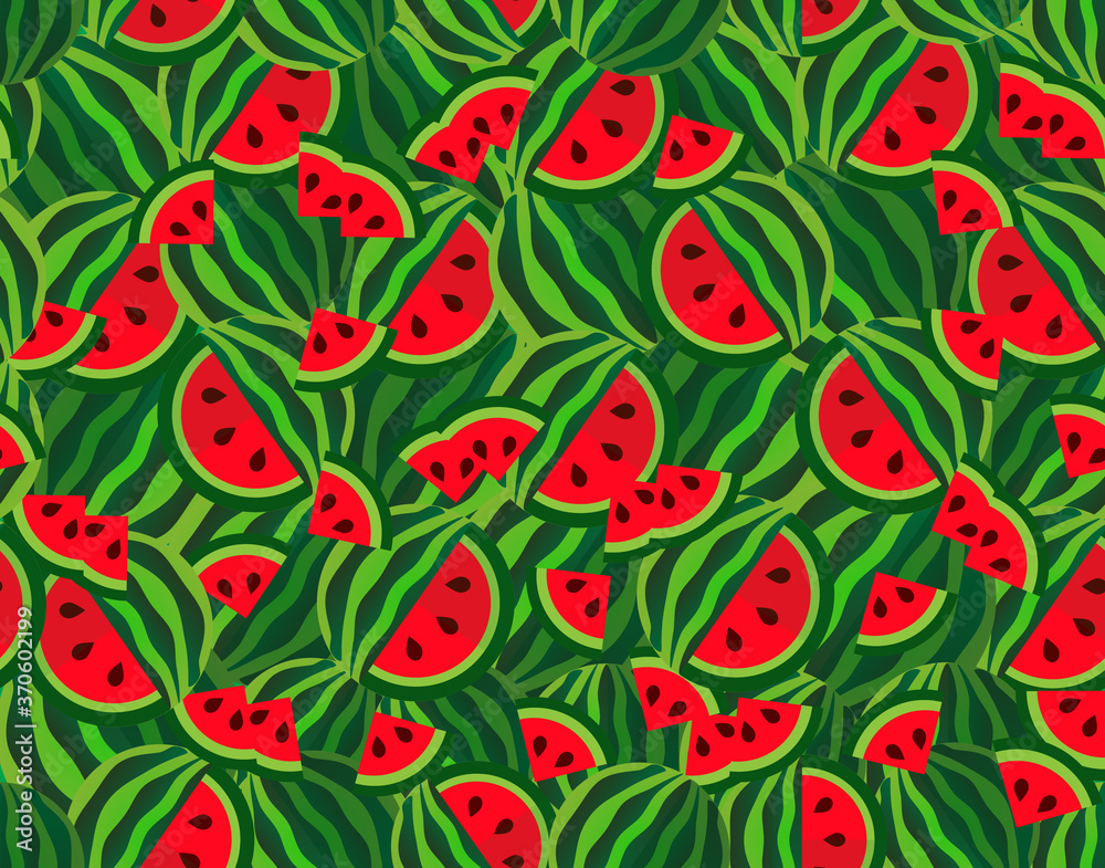 Seamless stylish fruit pattern of watermelons and its slices .Vector graphic.