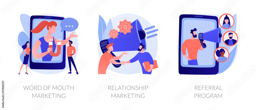 Customer oriented marketing strategy abstract concept vector illustration set. Word of mouth, relationship marketing, referral program, recommendation, brand loyalty, social media abstract metaphor.
