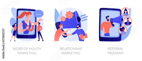 Customer oriented marketing strategy abstract concept vector illustration set. Word of mouth, relationship marketing, referral program, recommendation, brand loyalty, social media abstract metaphor. photo
