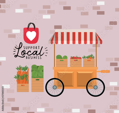 cart with vegetables inside boxes and support local business design of retail buy and market theme Vector illustration