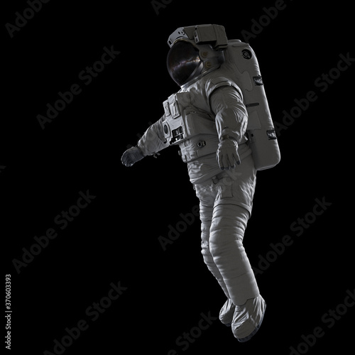 astronaut flying in outer space, isolated on black background