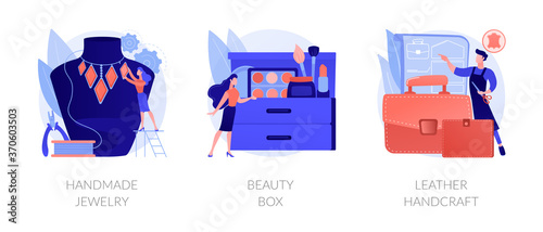 Handmade startup abstract concept vector illustration set. Handmade jewelry, beauty box, leather handcraft, online designer shop, artisan goods, subscription, beauty products abstract metaphor.
