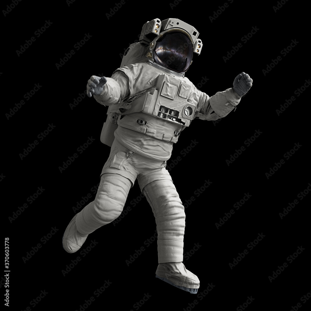 astronaut performing a spacewalk, isolated on black background